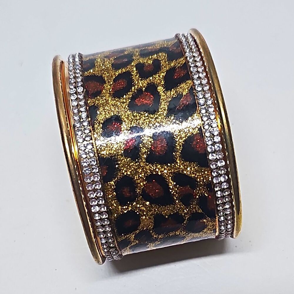 Gold & Black Wide Cuff Bracelet Animal Print with Rhinestone Edge Accents